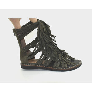 B0 Auth JEFFREY CAMPBELL Olive Green Suede Braided Straps Fringe Sandals Size 6